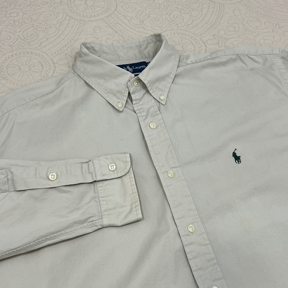 Polo Ralph Lauren Blake Shirt Mens Large Tan Cotton Button Down Long Sleeve FLAW